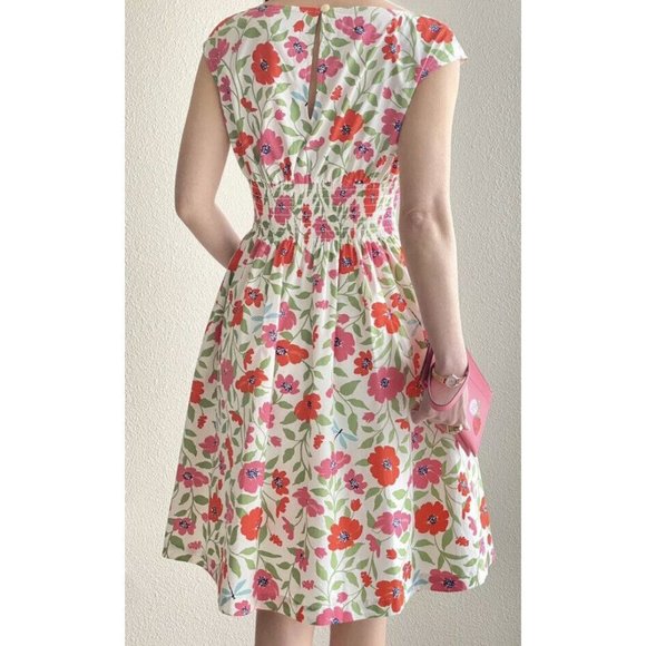 kate spade Garden blooms Blaire dress, Cream Floral Smocked Waist Pockets Cotton - Picture 2 of 7